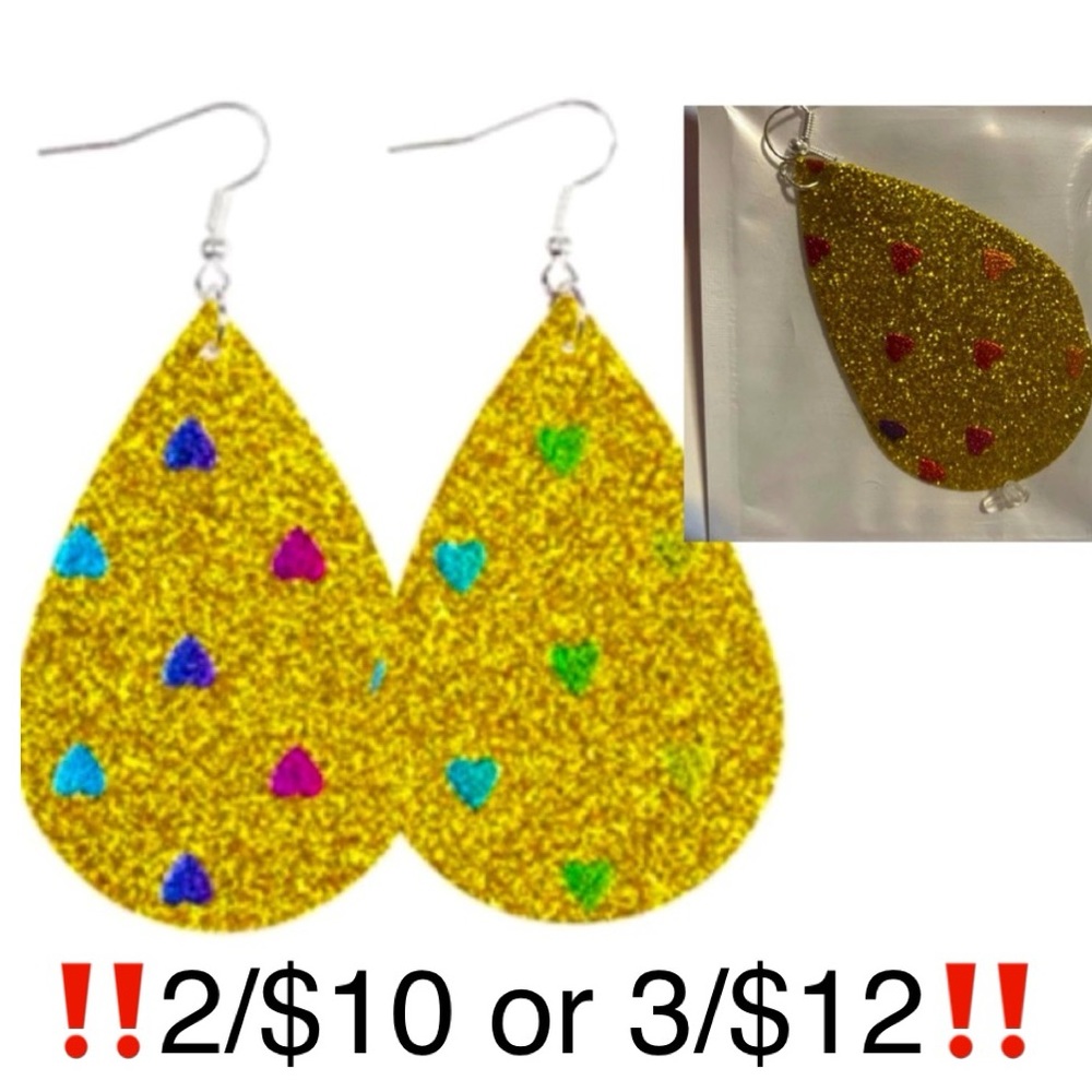 Gold Glitter Heart Faux Leather Statement Earrings